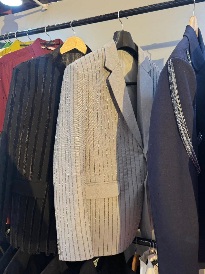 Grey Hand Embellished Linear Blazer