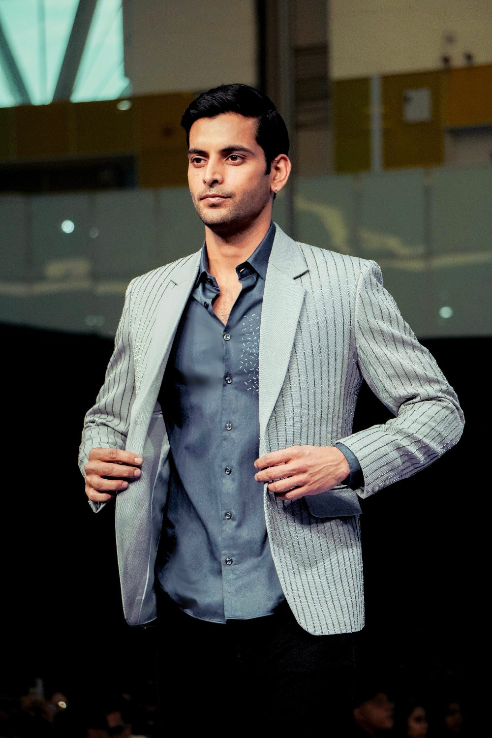 Grey Hand Embellished Linear Blazer