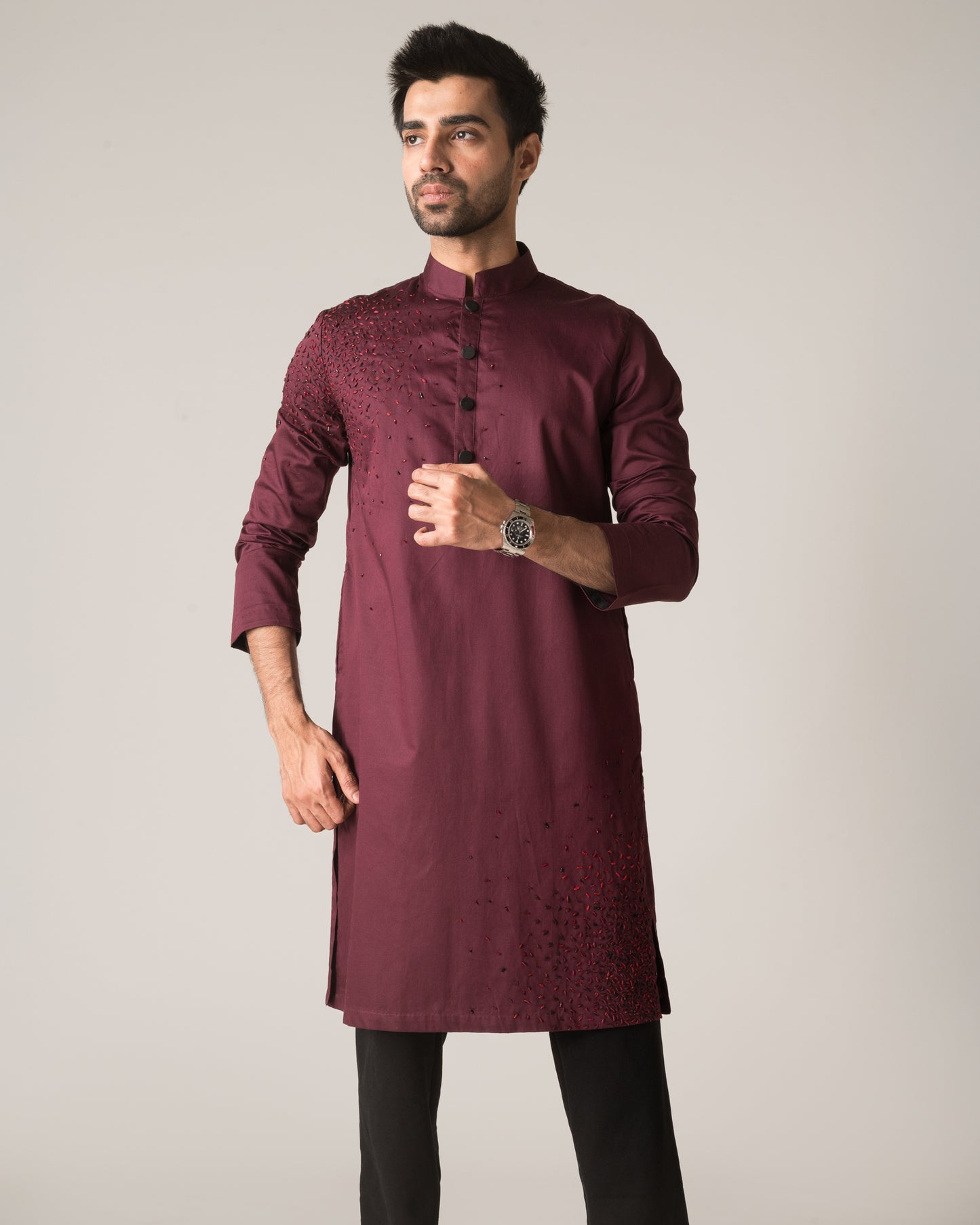 Diffusion Hand-Embroidered Wine Kurta