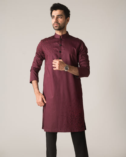 Diffusion Hand-Embroidered Wine Kurta