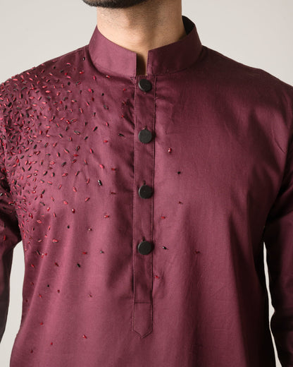 Diffusion Hand-Embroidered Wine Kurta