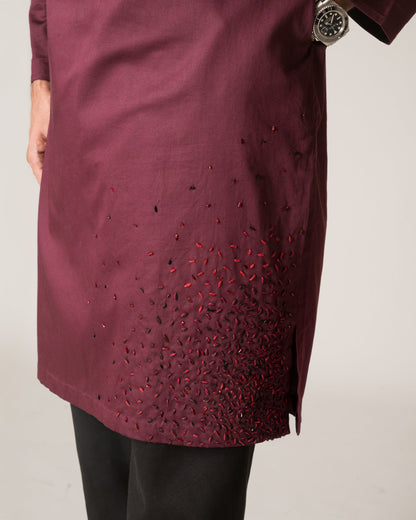 Diffusion Hand-Embroidered Wine Kurta