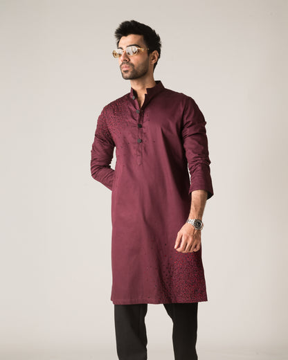 Diffusion Hand-Embroidered Wine Kurta