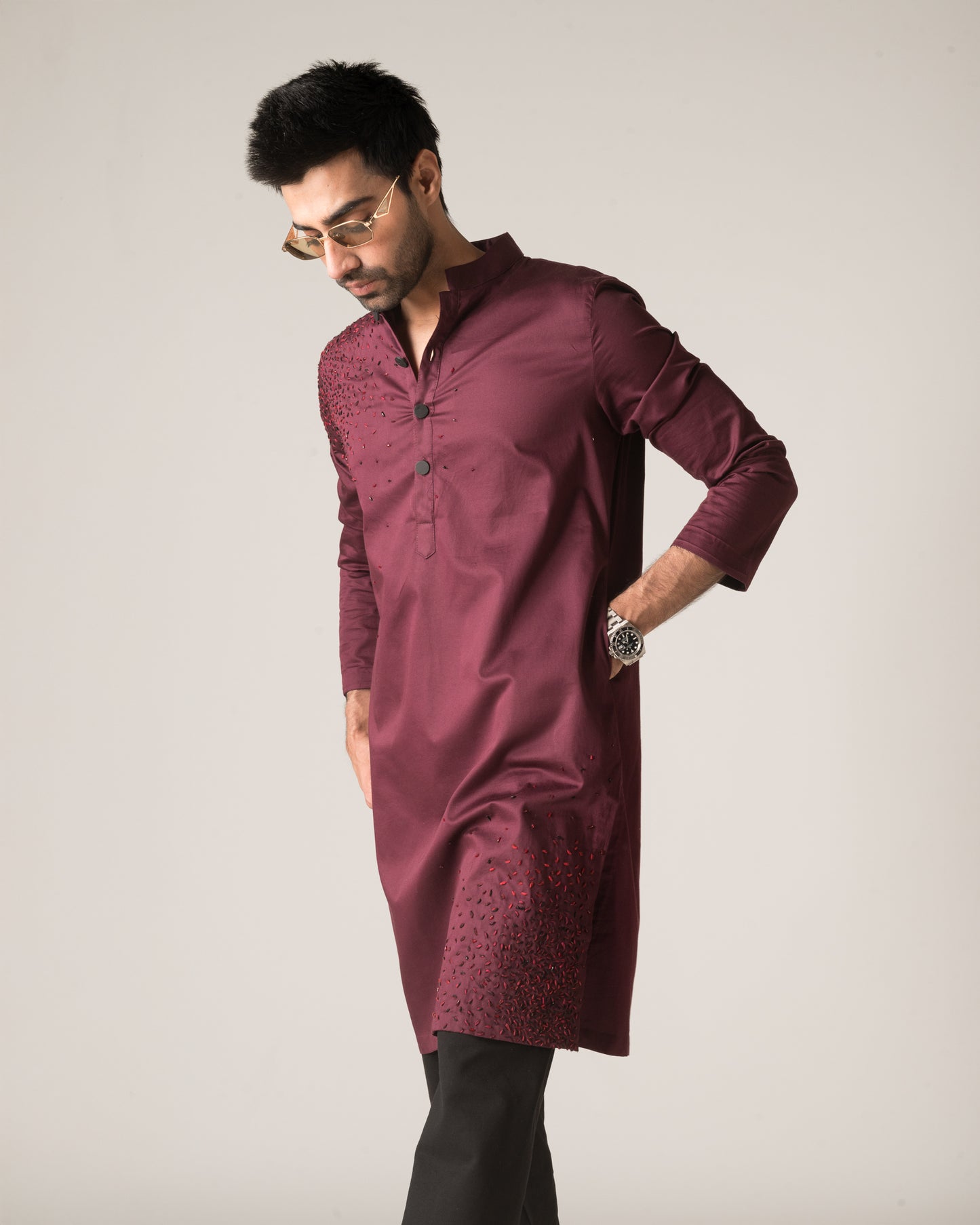 Diffusion Hand-Embroidered Wine Kurta