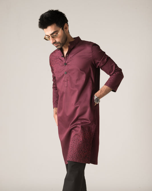 Diffusion Hand-Embroidered Wine Kurta SET